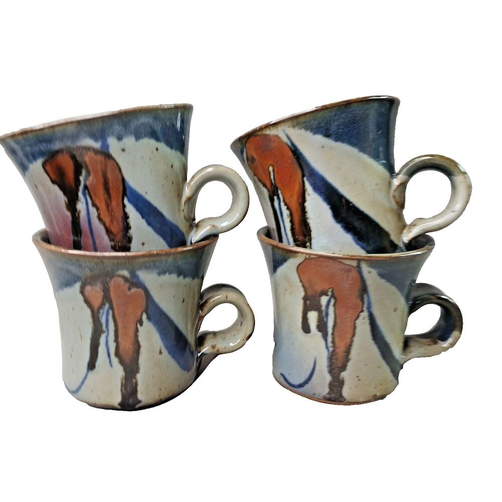 4 Studio Art Pottery John Freimarck Coffee Mugs Hand Glazed Drip Glaze Pattern